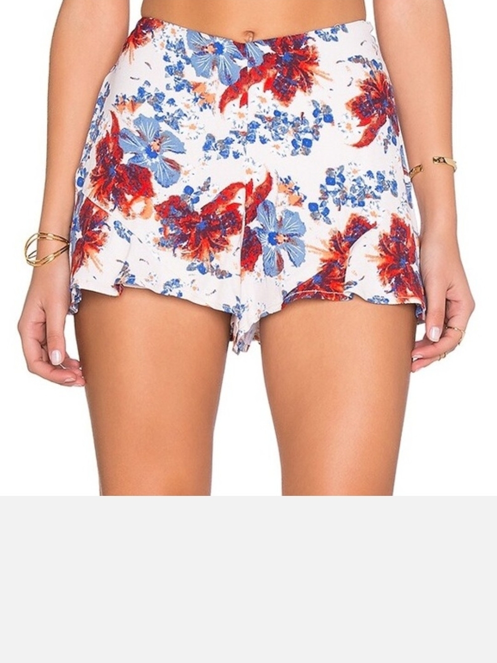 Free People High Waisted Floral Ruffle Shorts in Tan, Red & Blue